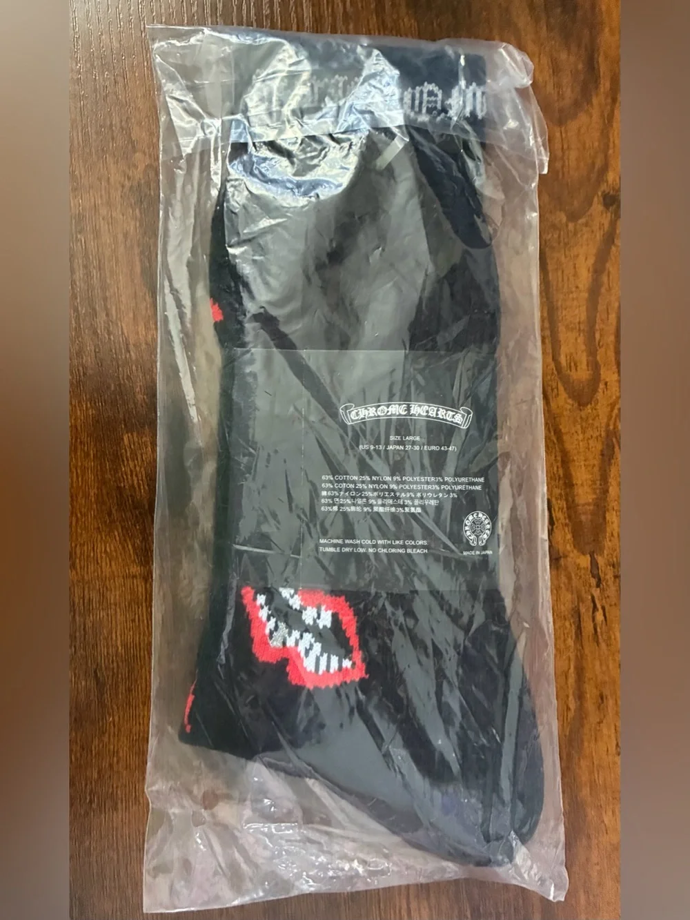 Chrome Hearts Chomper Black Graphic Crew Socks with Red & White Lip Motif
